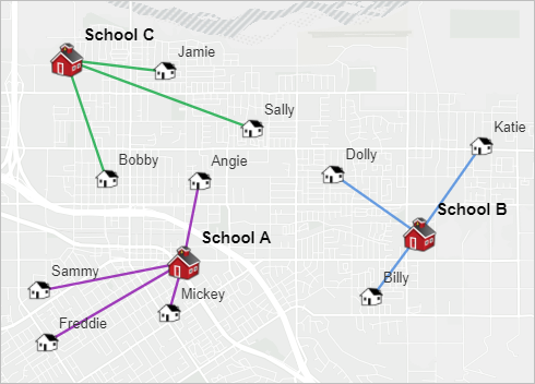 Screenshot of map showing tool output with lines connecting each student to the student's assigned school Screenshot of map showing tool output with lines connecting each student to the student's assigned school