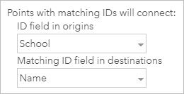 Screenshot of the ID field parameters in the tool dialog box with the School field selected for the origins and the Name field selected for the destinations Screenshot of the ID field parameters in the tool dialog box with the School field selected for the origins and the Name field selected for the destinations